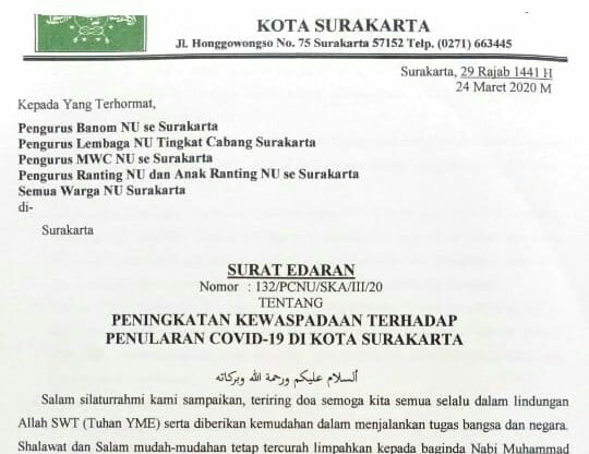 PCNU Kota Surakarta mengeluarkan surat himbauan tentang kewaspadaan terhadap penularan covid19