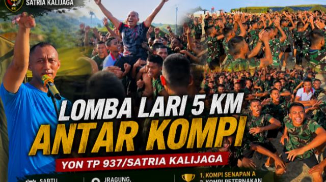 Prajurit Yon TP 937 Satria Kalijaga mengikuti lomba lari 5 kilometer antar kompi di Jragung, Karangawen, Demak.